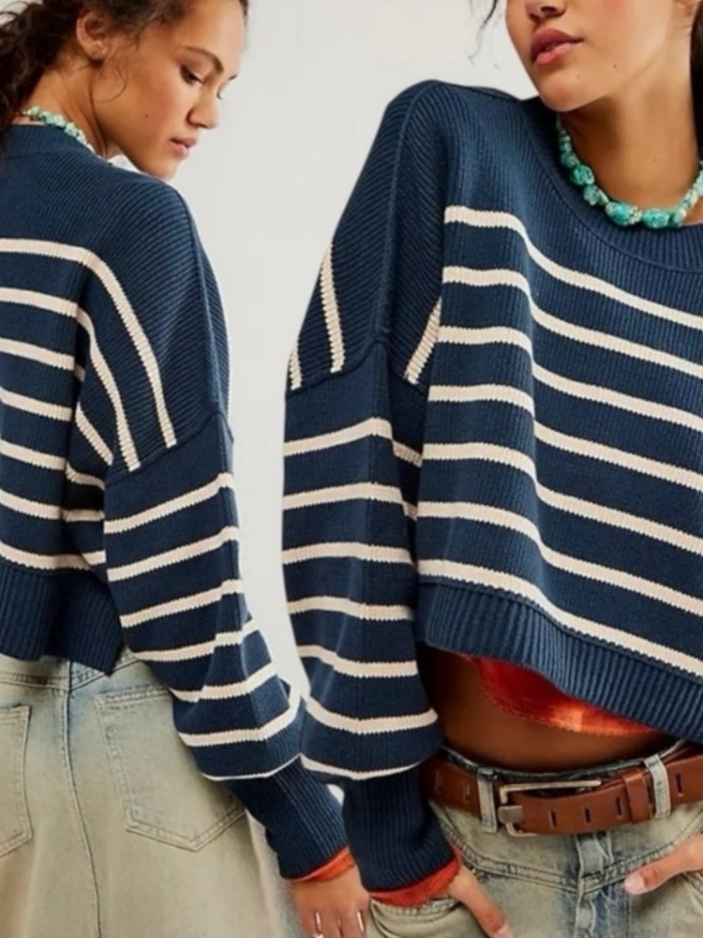 Free People Navy and Cream Striped Cropped Sweater